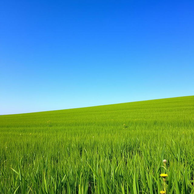 A lush, expansive field of green grass, gently waving in the breeze under a clear blue sky