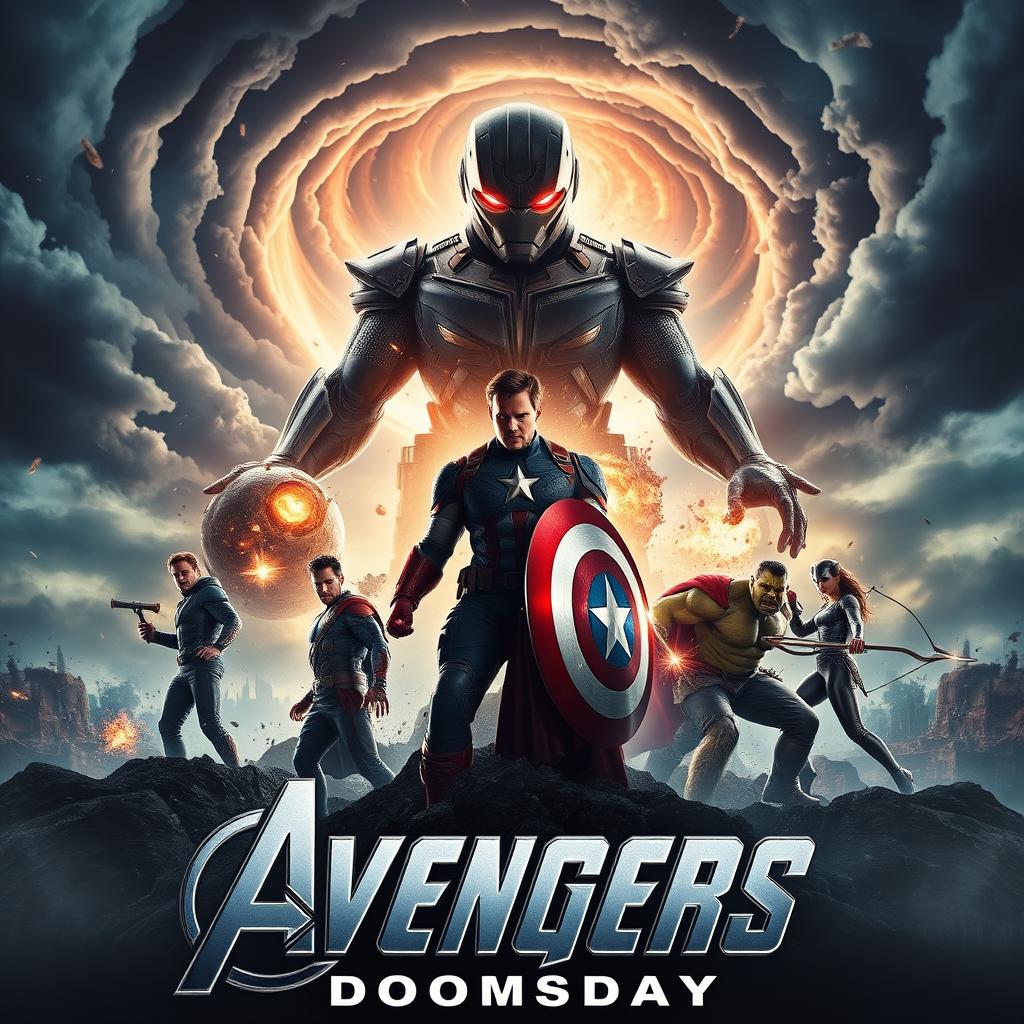 Epic movie poster for "Avengers: Doomsday" featuring the main Avengers team: Iron Man, Captain America, Thor, Hulk, Black Widow, and Hawkeye