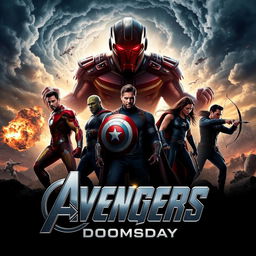 Epic movie poster for "Avengers: Doomsday" featuring the main Avengers team: Iron Man, Captain America, Thor, Hulk, Black Widow, and Hawkeye