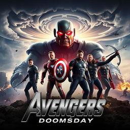 Epic movie poster for "Avengers: Doomsday" featuring the main Avengers team: Iron Man, Captain America, Thor, Hulk, Black Widow, and Hawkeye