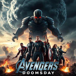 Epic movie poster for "Avengers: Doomsday" featuring the main Avengers team: Iron Man, Captain America, Thor, Hulk, Black Widow, and Hawkeye