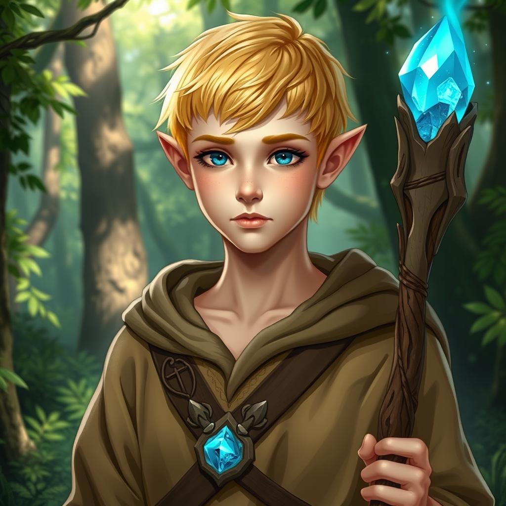 A visual depiction of a short blonde half-elf male druid in a vibrant forest setting