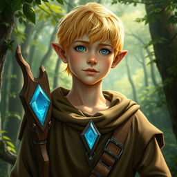 A visual depiction of a short blonde half-elf male druid in a vibrant forest setting