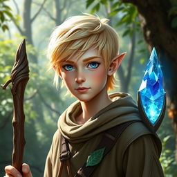 A visual depiction of a short blonde half-elf male druid in a vibrant forest setting