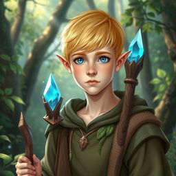 A visual depiction of a short blonde half-elf male druid in a vibrant forest setting