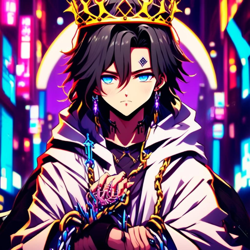 Anime-style profile picture of Cyberpunk Tokyo Jesus with neon blue highlights in his hair and eyes, wearing a neon crown of thorns and a robe adorned with circuitry patterns against a backdrop of neon-lit Tokyo cityscape, all encased within an epic circle border.