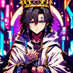 Anime-style profile picture of Cyberpunk Tokyo Jesus with neon blue highlights in his hair and eyes, wearing a neon crown of thorns and a robe adorned with circuitry patterns against a backdrop of neon-lit Tokyo cityscape, all encased within an epic circle border.