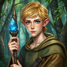 A detailed depiction of a short blonde half-elf male druid at the age of 25, set in an enchanted forest