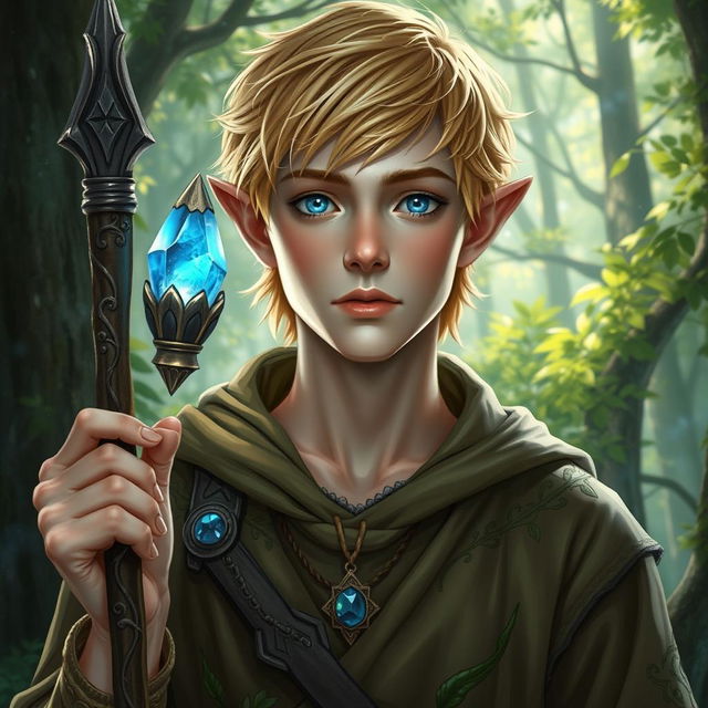 A detailed depiction of a short blonde half-elf male druid at the age of 25, set in an enchanted forest