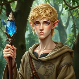 A detailed depiction of a short blonde half-elf male druid at the age of 25, set in an enchanted forest