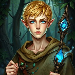 A detailed depiction of a short blonde half-elf male druid at the age of 25, set in an enchanted forest