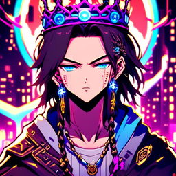 Anime-style profile picture of Cyberpunk Tokyo Jesus with neon blue highlights in his hair and eyes, wearing a neon crown of thorns and a robe adorned with circuitry patterns against a backdrop of neon-lit Tokyo cityscape, all encased within an epic circle border.