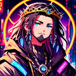 Anime-style profile picture of Cyberpunk Tokyo Jesus with neon blue highlights in his hair and eyes, wearing a neon crown of thorns and a robe adorned with circuitry patterns against a backdrop of neon-lit Tokyo cityscape, all encased within an epic circle border.