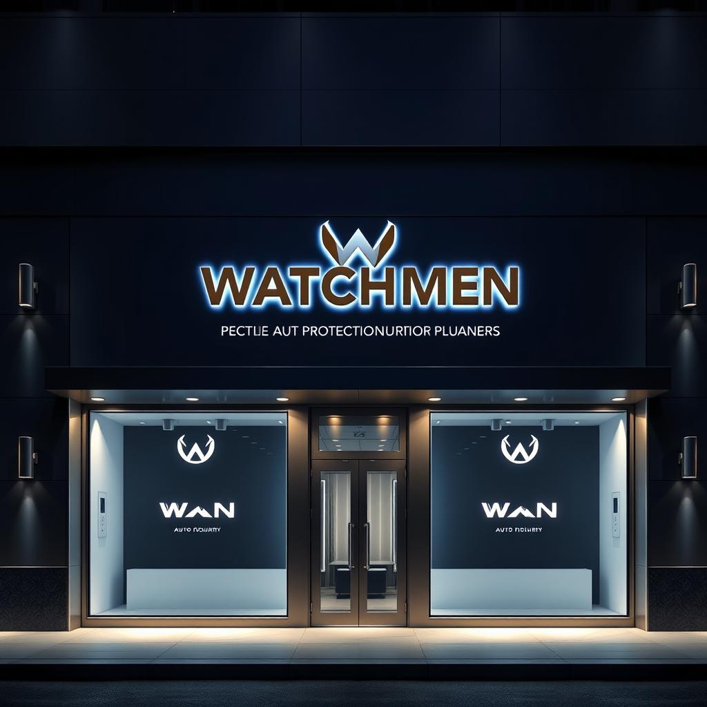 A dramatic and modern facade design for a company named "Watchmen" that specializes in crafting auto-protection plans