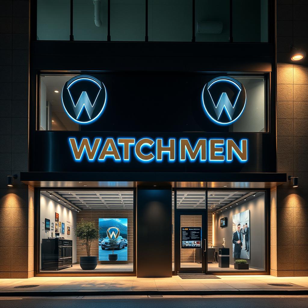 A dramatic and modern facade design for a company named "Watchmen" that specializes in crafting auto-protection plans