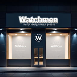 A dramatic and modern facade design for a company named "Watchmen" that specializes in crafting auto-protection plans