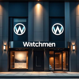 A dramatic and modern facade design for a company named "Watchmen" that specializes in crafting auto-protection plans