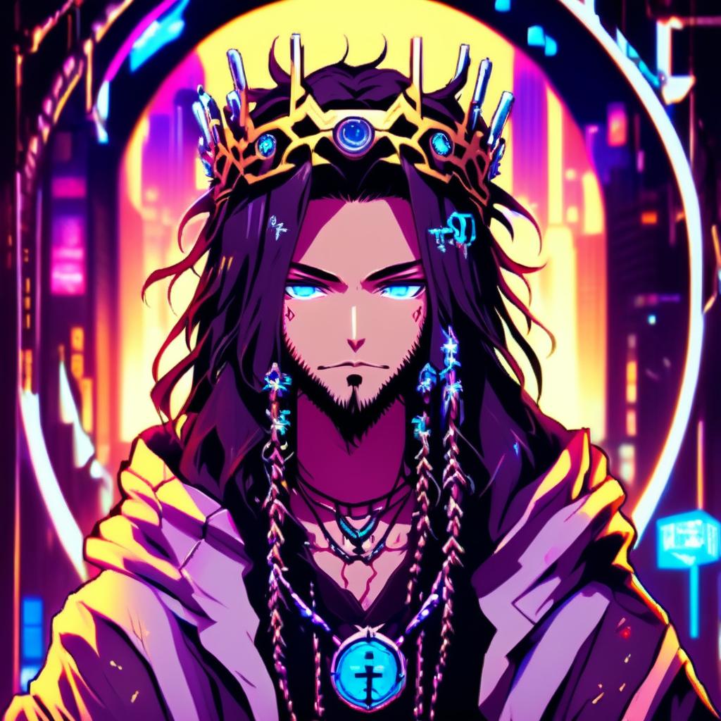 Anime-style profile picture of Cyberpunk Tokyo Jesus with neon blue highlights in his hair and eyes, wearing a neon crown of thorns and a robe adorned with circuitry patterns against a backdrop of neon-lit Tokyo cityscape, all encased within an epic circle border.