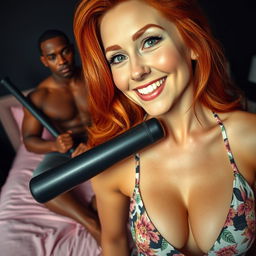 Close-up shot of a gorgeous red-haired woman wearing a floral pattern sundress, showcasing her large chest and cleavage with a smug smile