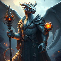 A majestic dragonborn sorcerer with shimmering platinum scales stands proudly in a mystical landscape, exuding an aura of arcane power without the presence of wings