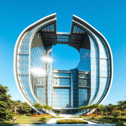 A modern architectural design of a building shaped like the letter H