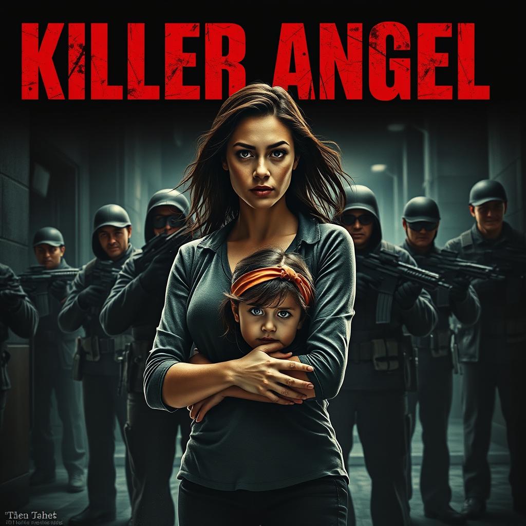 A dramatic movie poster for 'Killer Angel', featuring a heroic woman standing protectively in front of her little sister, facing a group of threatening, armed men in the background