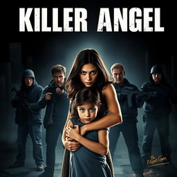 A dramatic movie poster for 'Killer Angel', featuring a heroic woman standing protectively in front of her little sister, facing a group of threatening, armed men in the background