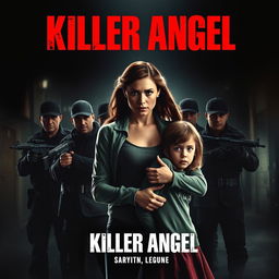 A dramatic movie poster for 'Killer Angel', featuring a heroic woman standing protectively in front of her little sister, facing a group of threatening, armed men in the background