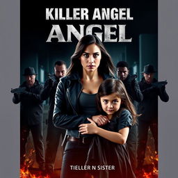 A dramatic movie poster for 'Killer Angel', featuring a heroic woman standing protectively in front of her little sister, facing a group of threatening, armed men in the background