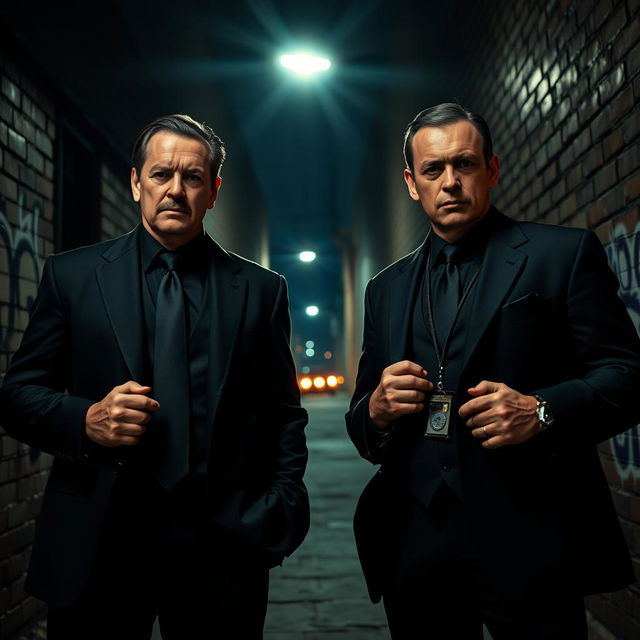 Two men in black suits, known as K&L, are featured in an intense crime thriller movie scene