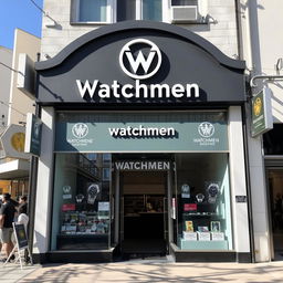 Front view of a charmingly small local shop called "Watchmen" with a total area of 30 square meters