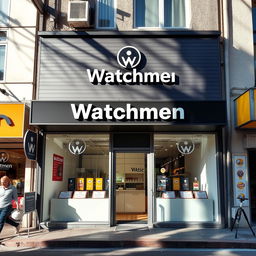 Front view of a charmingly small local shop called "Watchmen" with a total area of 30 square meters