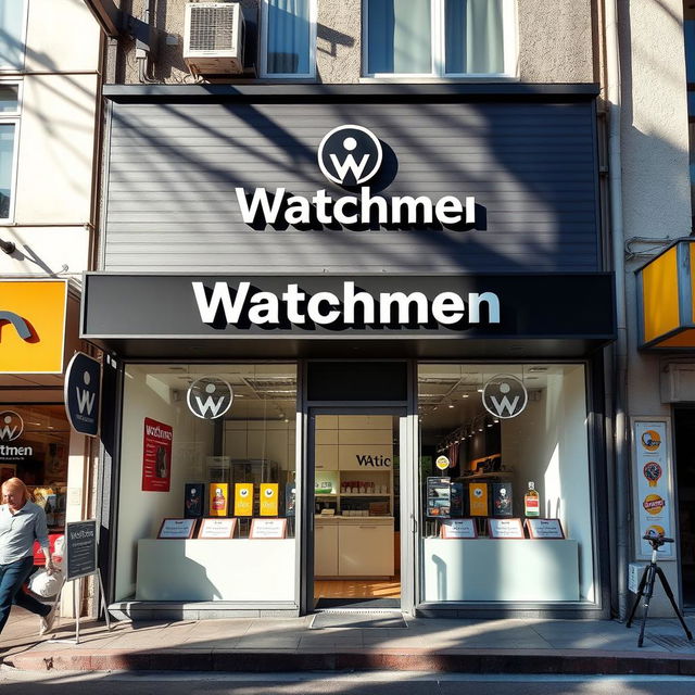 Front view of a charmingly small local shop called "Watchmen" with a total area of 30 square meters