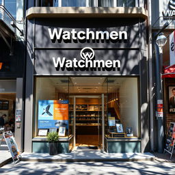 Front view of a charmingly small local shop called "Watchmen" with a total area of 30 square meters