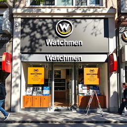 Front view of a charmingly small local shop called "Watchmen" with a total area of 30 square meters