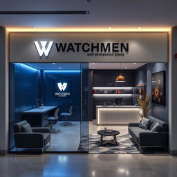 An interior design layout for a commercial space of 30 square meters for "Watchmen", a company specializing in self-protection plans