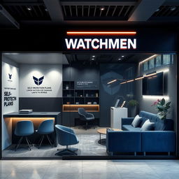 An interior design layout for a commercial space of 30 square meters for "Watchmen", a company specializing in self-protection plans