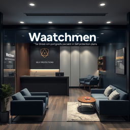 An interior design layout for a commercial space of 30 square meters for "Watchmen", a company specializing in self-protection plans