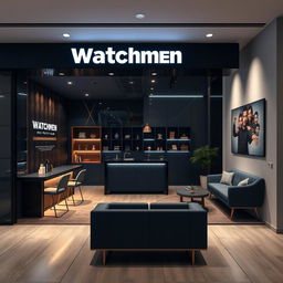 An interior design layout for a commercial space of 30 square meters for "Watchmen", a company specializing in self-protection plans