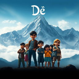 A thrilling movie poster for the film 'Dé', featuring a grand mountain landscape as the backdrop, its peaks shrouded in mist and mystery