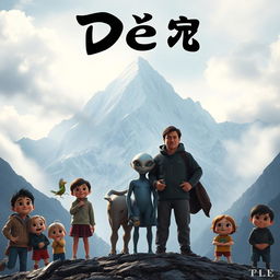 A thrilling movie poster for the film 'Dé', featuring a grand mountain landscape as the backdrop, its peaks shrouded in mist and mystery