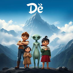 A thrilling movie poster for the film 'Dé', featuring a grand mountain landscape as the backdrop, its peaks shrouded in mist and mystery