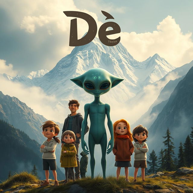 A thrilling movie poster for the film 'Dé', featuring a grand mountain landscape as the backdrop, its peaks shrouded in mist and mystery