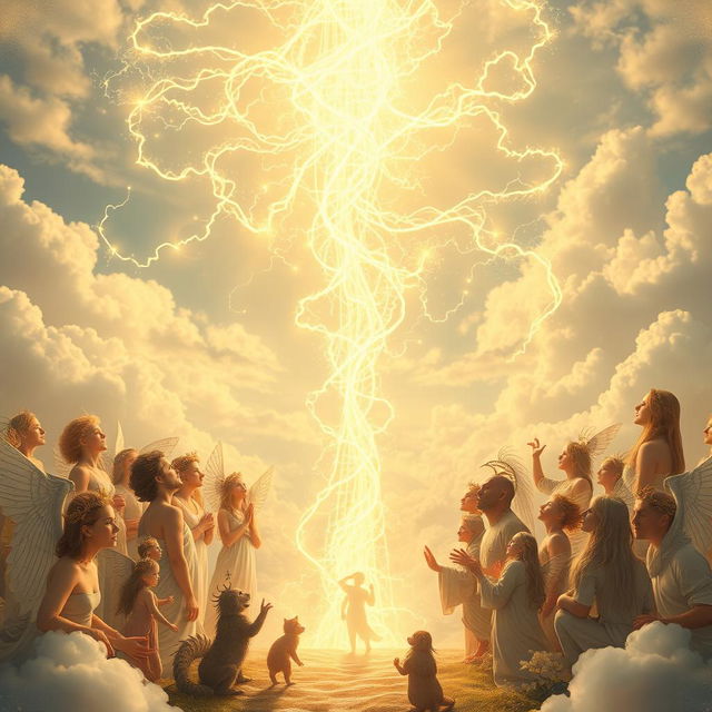 A divine and ethereal scene, depicting ethereal wisps of light and energy representing God's thoughts