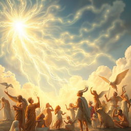 A divine and ethereal scene, depicting ethereal wisps of light and energy representing God's thoughts