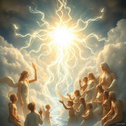 A divine and ethereal scene, depicting ethereal wisps of light and energy representing God's thoughts