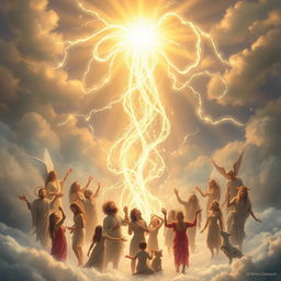 A divine and ethereal scene, depicting ethereal wisps of light and energy representing God's thoughts