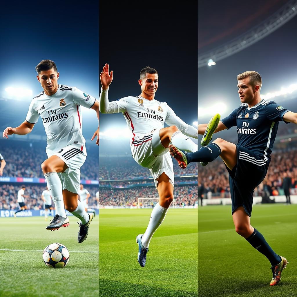 A dynamic collage featuring three iconic football players: Vinicius Jr