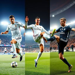 A dynamic collage featuring three iconic football players: Vinicius Jr