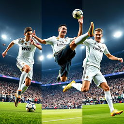 A dynamic collage featuring three iconic football players: Vinicius Jr